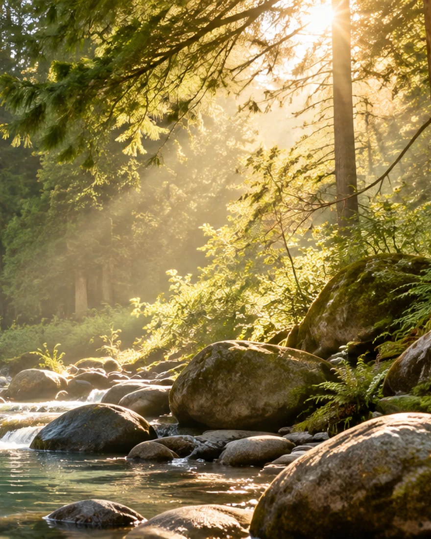 A quiet river in a sunlit evergreen forest